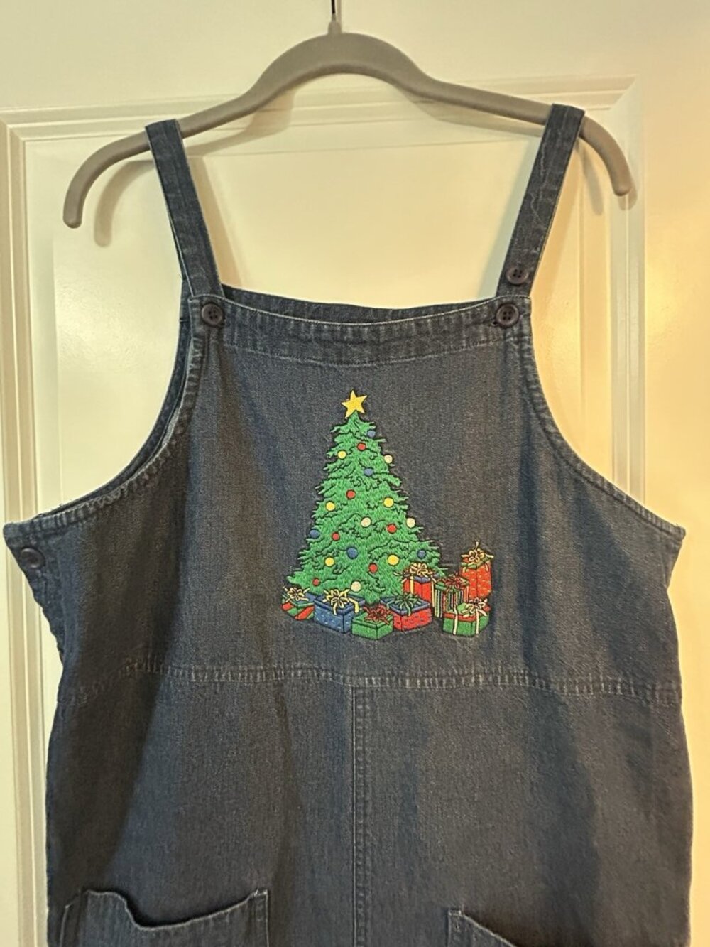 Vintage Christmas Dress Size Petite Medium Jean Denim Embroidered Midi Tacky Fun - Picture 1 of 13